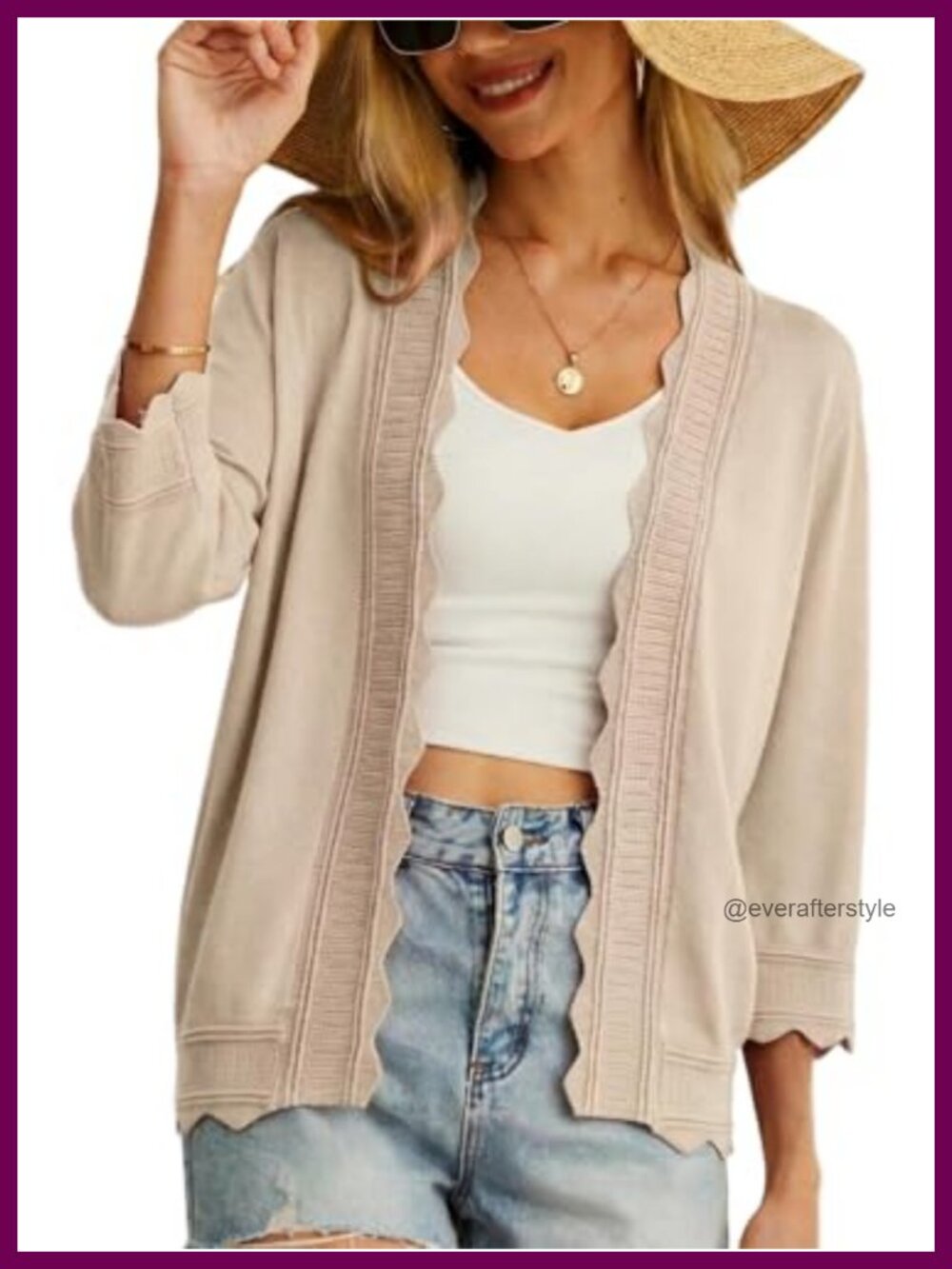 Lightweight Open Front Cardigan with 3/4 Sleeve, Scalloped Trim Knit Sweater,